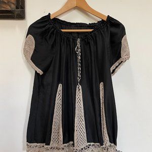 VIntage silk top with grey crocheted detail
